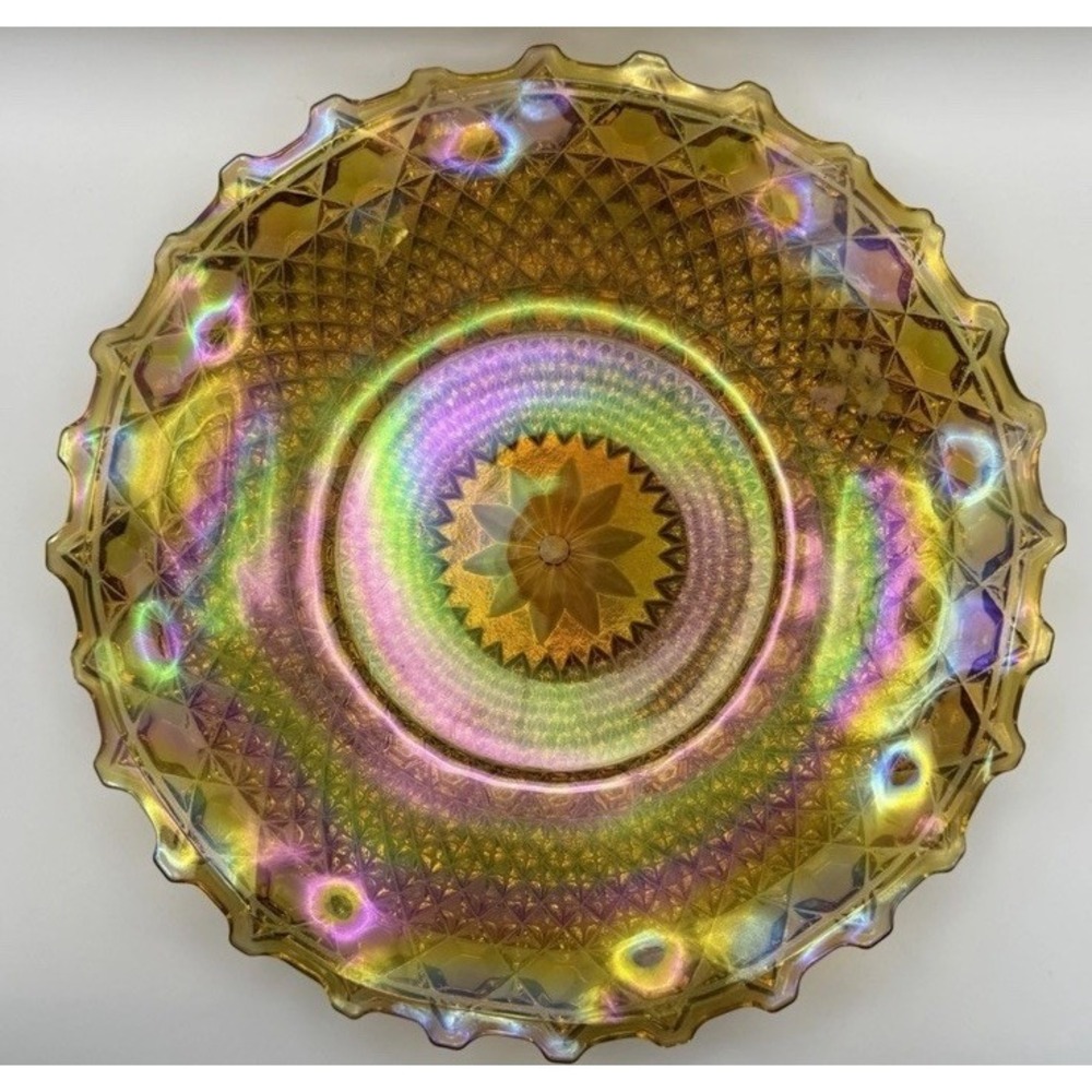 Indiana Carnival Glass Bowl Amber Iridescent Ruffled Edge Vintage Dish 10"